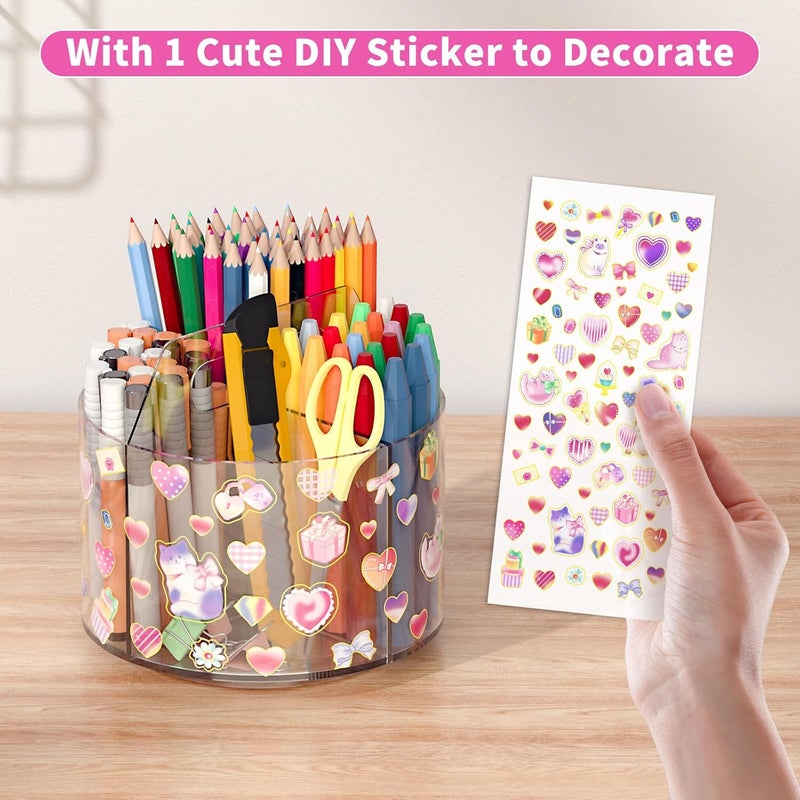 Wawocs Acrylic Pencil Organizer for Desk 4 Compartments with Adhesive DIY Sticker, Rotating Art Supply Organizer with Kawaii Sticker Kids, Spinning Round Marker Small Supply Caddy - Image 2